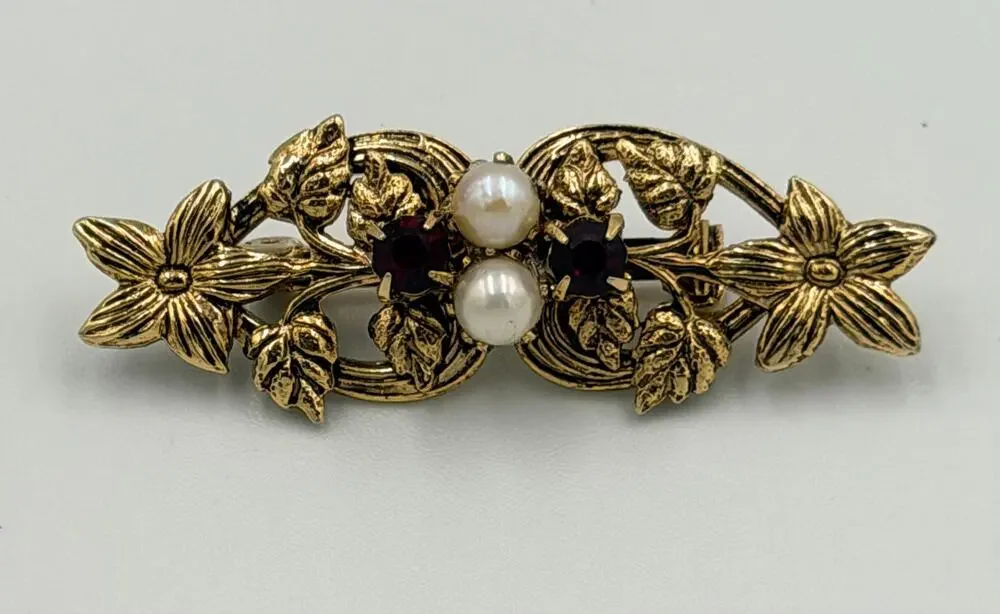 Vintage Floral Gold Tone Purple Rhinestones and Faux Pearls Bar Brooch Pin
